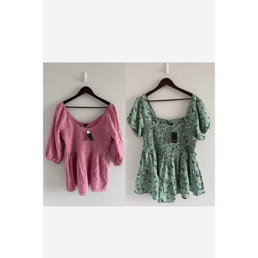 Torrid Cottagecore Peplum Blouse Bundle Size 1X Pink Green Floral Smocked Top